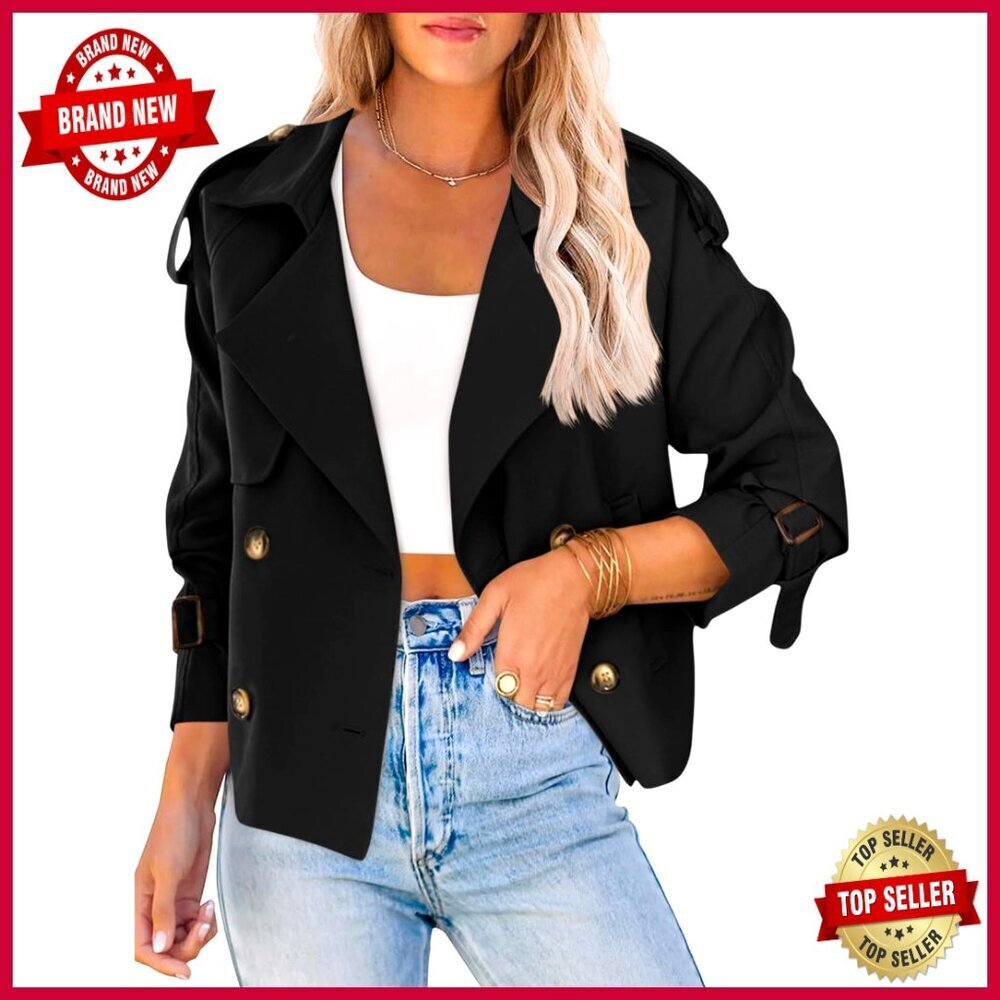 Cropped Double Breasted Trench Coat Raglan Sleeve Office Jacket With Pockets